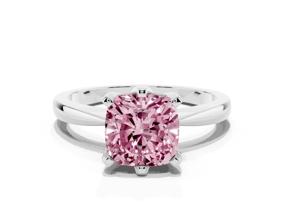 Fancy Pink Cushion Cut Solitaire Engagement Ring with Six-Prong Setting and Tapered Band Silver