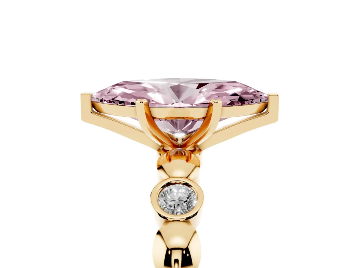 Fancy Pink Marquise Cut Solitaire Bezel-Set Diamond Ring with Beaded Band and Four-Prong Setting Yellow gold