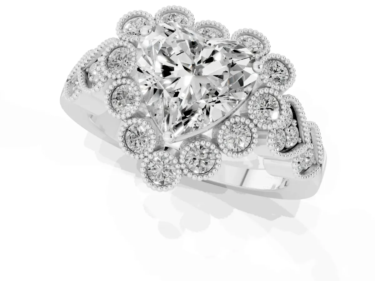 Heart Cut Brilliant Milgrain Pave Heart Band Solitaire Ring White gold