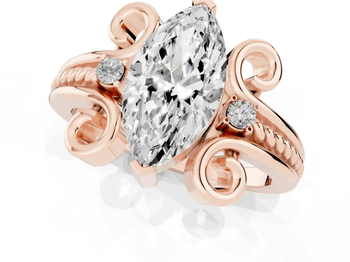 Marquise Cut Solitaire Twisted Band Scroll Prong Ring Rose gold