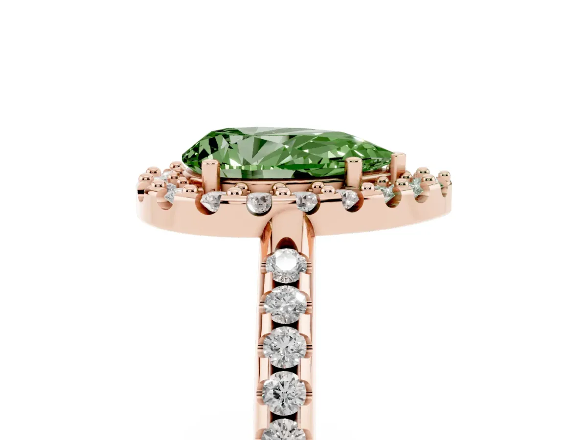 Fancy Green Pear Cut Diamond Pavé Halo Ring with Four-Prong Setting Rose gold