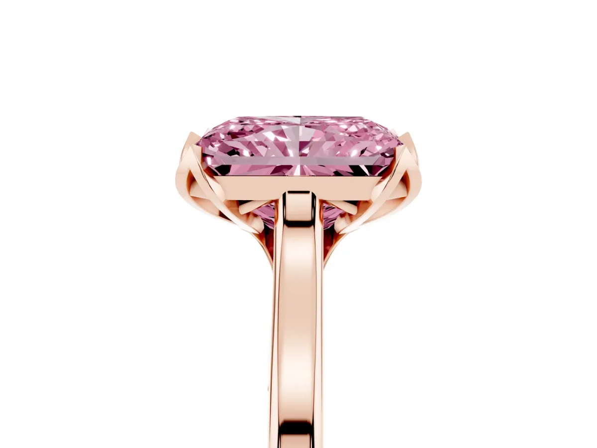 Fancy Pink Radiant Cut Diamond Solitaire Ring with Flower Prong Setting and Classic Band Rose gold