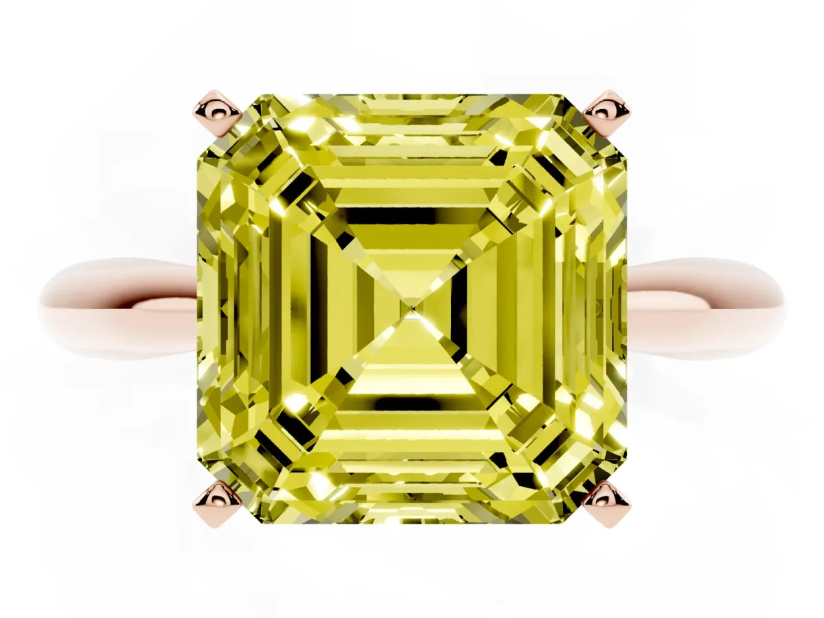 Fancy Yellow Asscher Cut Diamond Solitaire Engagement Ring with Cathedral Setting and Four-Prong Mount Rose gold
