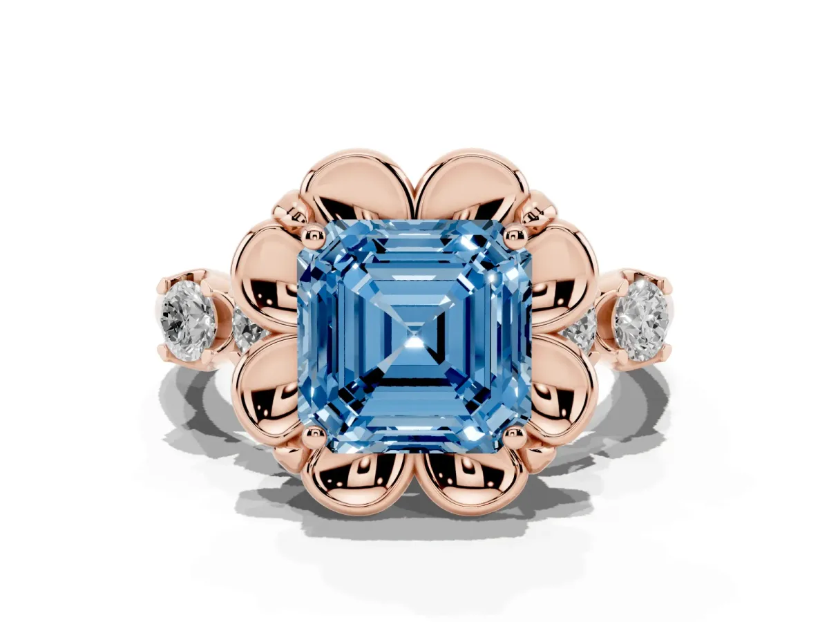 Fancy Blue Asscher Cut Cut Diamond Floral Halo Engagement Ring with Shared Prong Setting Rose gold