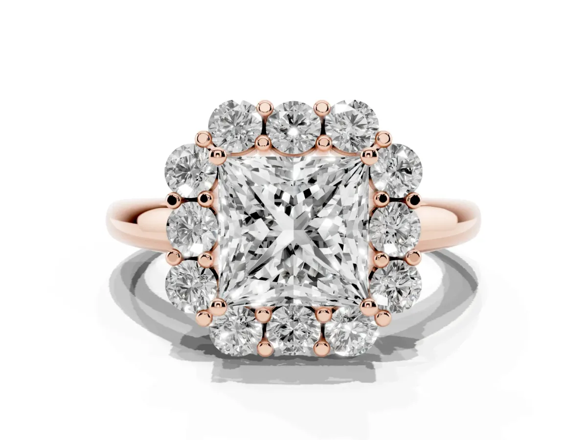Princess Cut Halo Milgrain Solitaire with Bezel Set Side Stones and Pave Band Rose gold