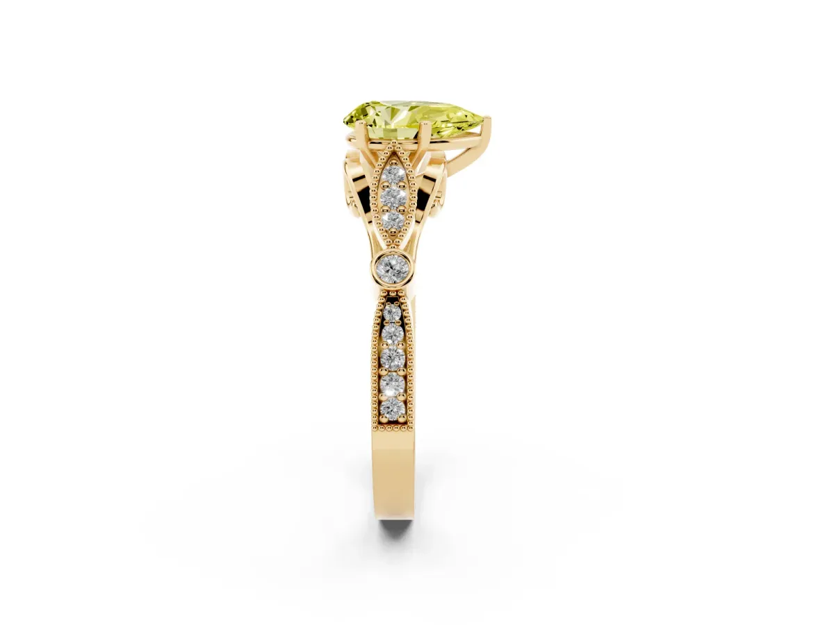 Fancy Yellow Pear Cut Cut Diamond with Milgrain Marquise and Bezel Accents on a Solitaire Band with Prong Setting Yellow gold