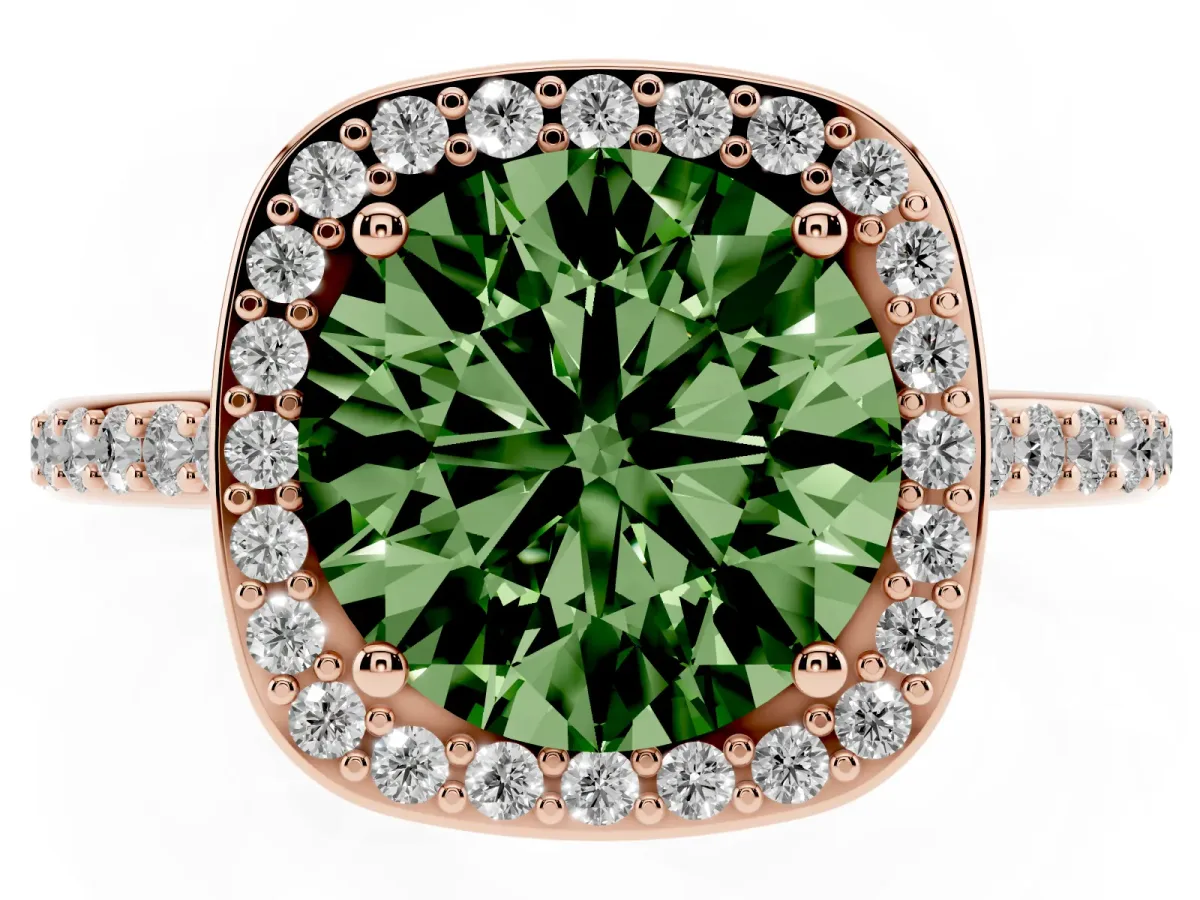 Fancy Green Round Cut Diamond Halo Engagement Ring with Round Pavé Shoulders and Prong Setting Rose gold