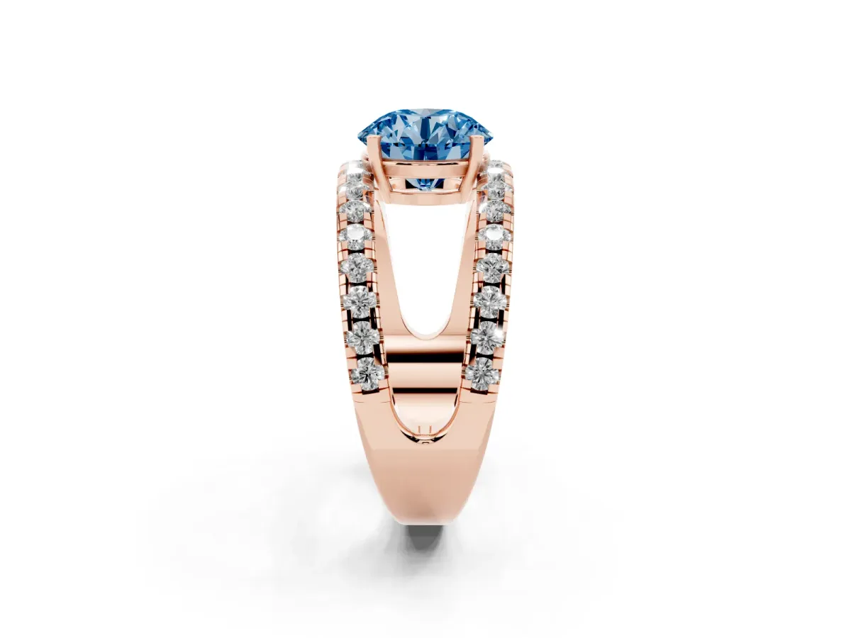 Fancy Blue Round Cut Solitaire Split Shank Pave Diamond Ring Rose gold