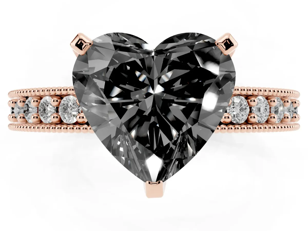 Fancy Black Heart Cut Diamond Milgrain Pavé Engagement Ring with Four-Prong Setting Rose gold