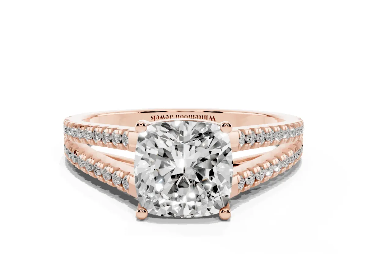 Cushion Cut Diamond Solitaire Engagement Ring with Split Shank Pavé Band Rose gold