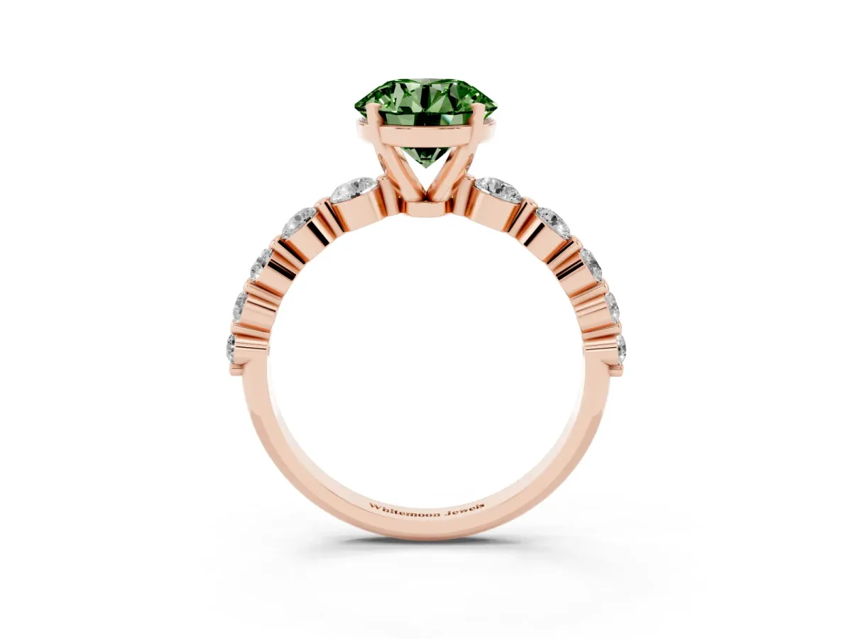 Fancy Green Round Cut Solitaire Diamond Ring with Pave Band and Four-Prong Setting Rose gold