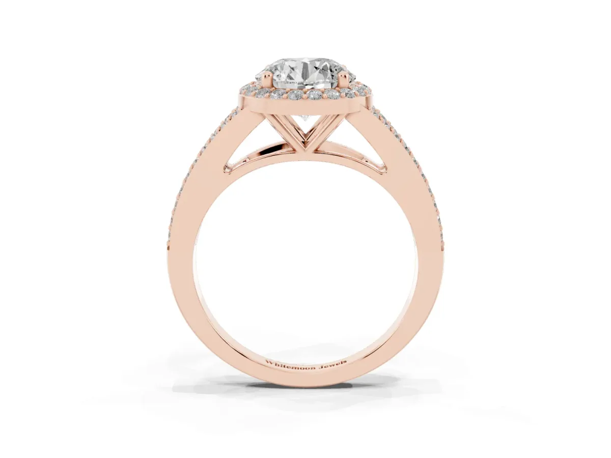 Round Cut Halo Split Shank Pave Diamond Ring with Four-Prong Setting Rose gold