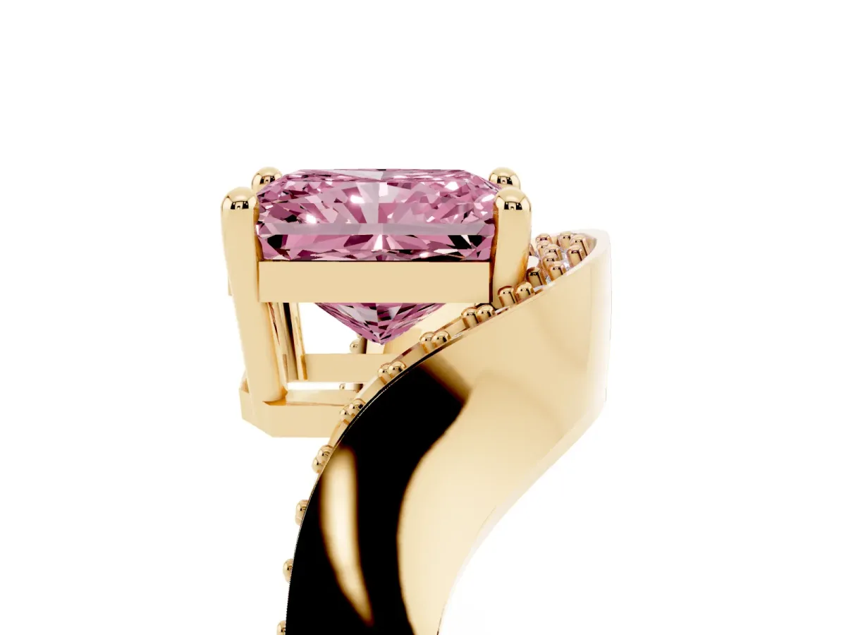 Fancy Pink Radiant Cut Solitaire Diamond Engagement Ring with Pave Band and Four-Prong Setting Yellow gold