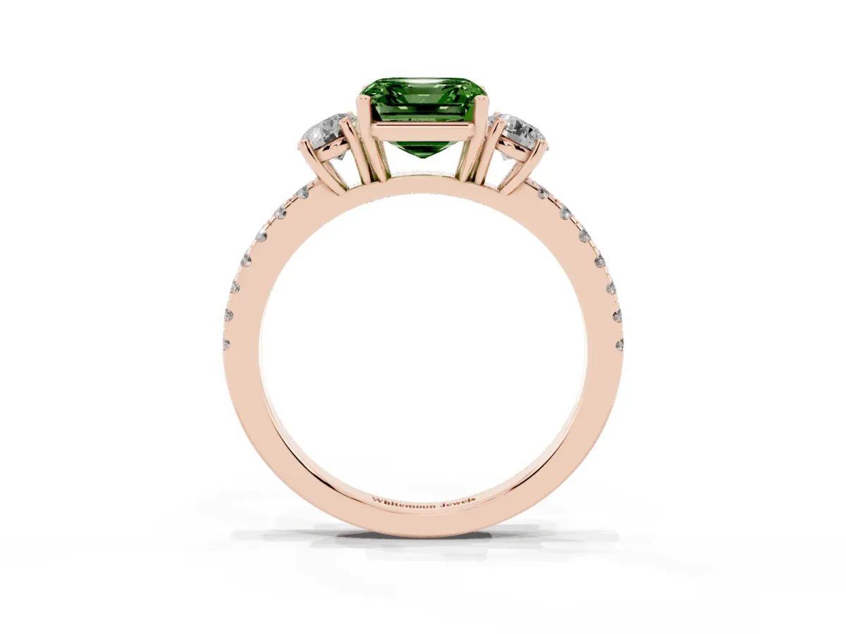 Fancy Green Three-Stone Asscher Cut Cut Diamond Pavé Band with Prong Setting Rose gold