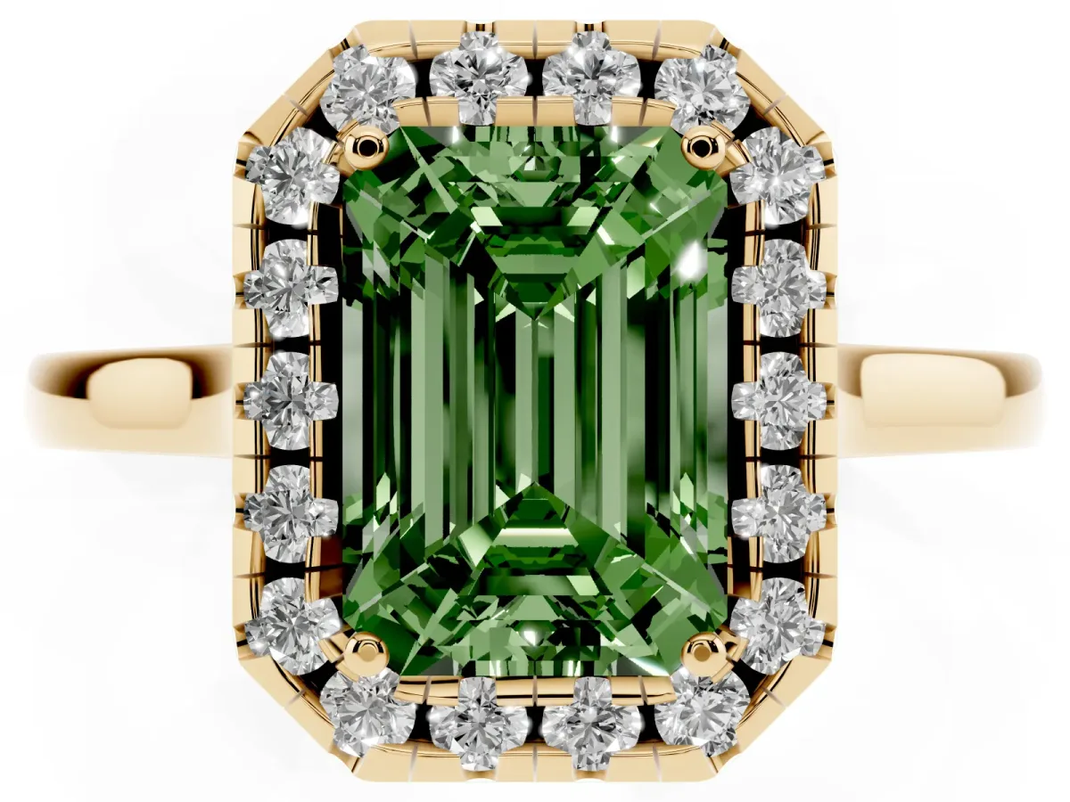 Fancy Green Emerald Cut Halo Round Diamond Solitaire Ring with Pavé Band and Four-Prong Setting Yellow gold