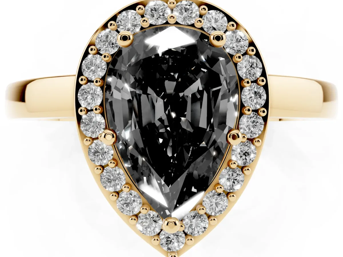 Fancy Black Pear Cut Halo Diamond Ring with Solitaire Band and Prong Setting Yellow gold