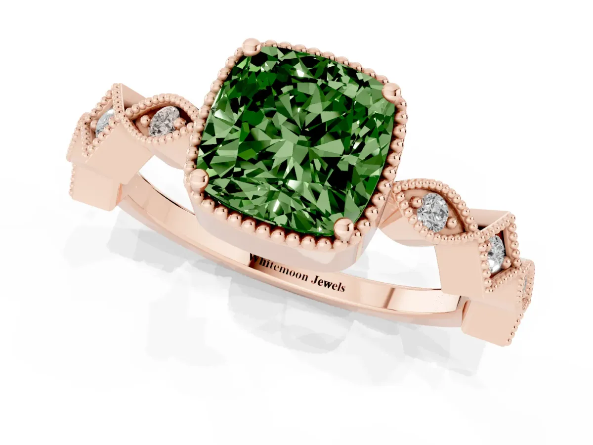 Fancy Green Cushion Cut Milgrain Marquise Diamond Twist Band Ring Rose gold