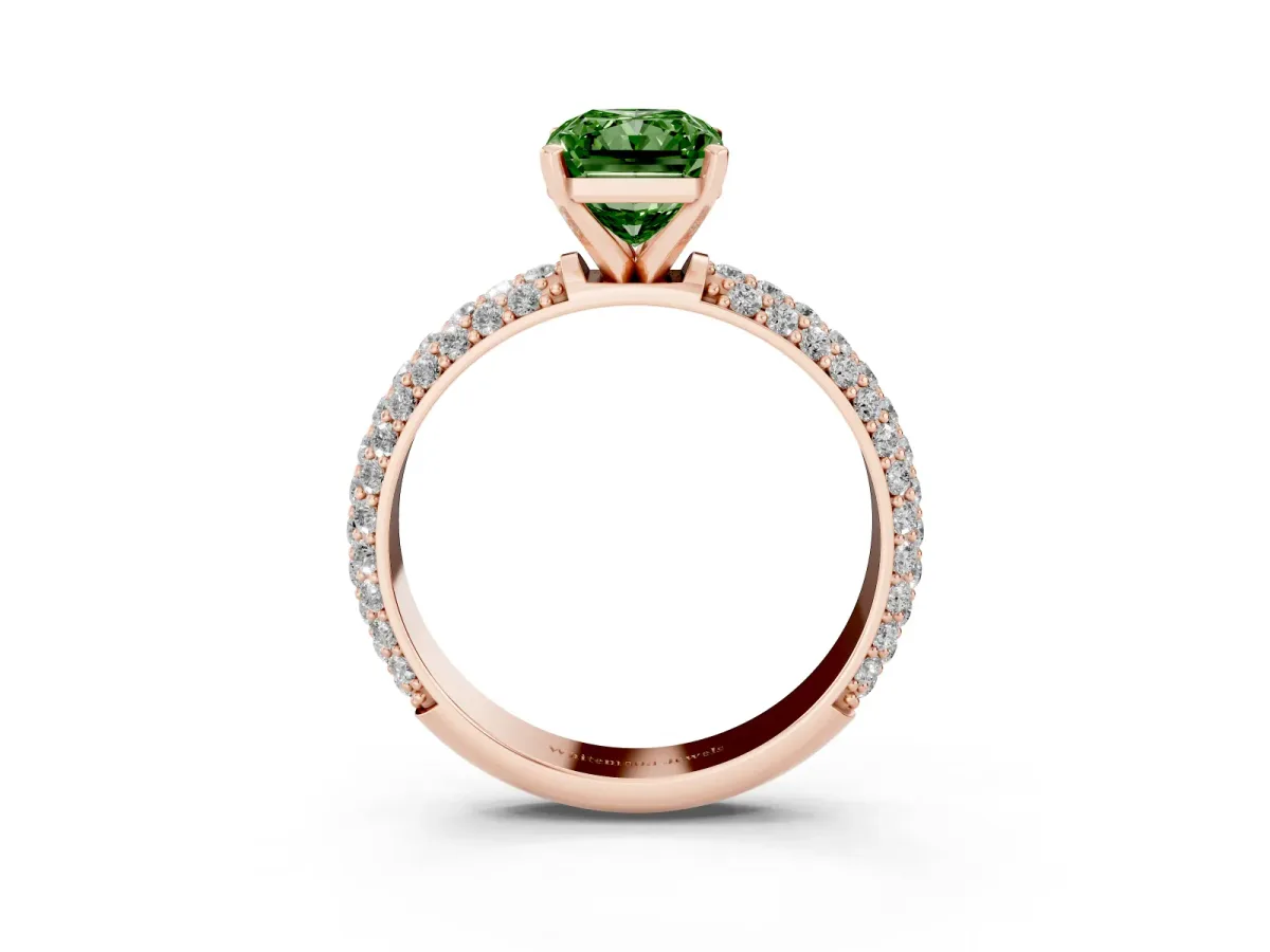 Fancy Green Radiant Cut Diamond Solitaire Ring with Prong Setting and Pavé Band Rose gold