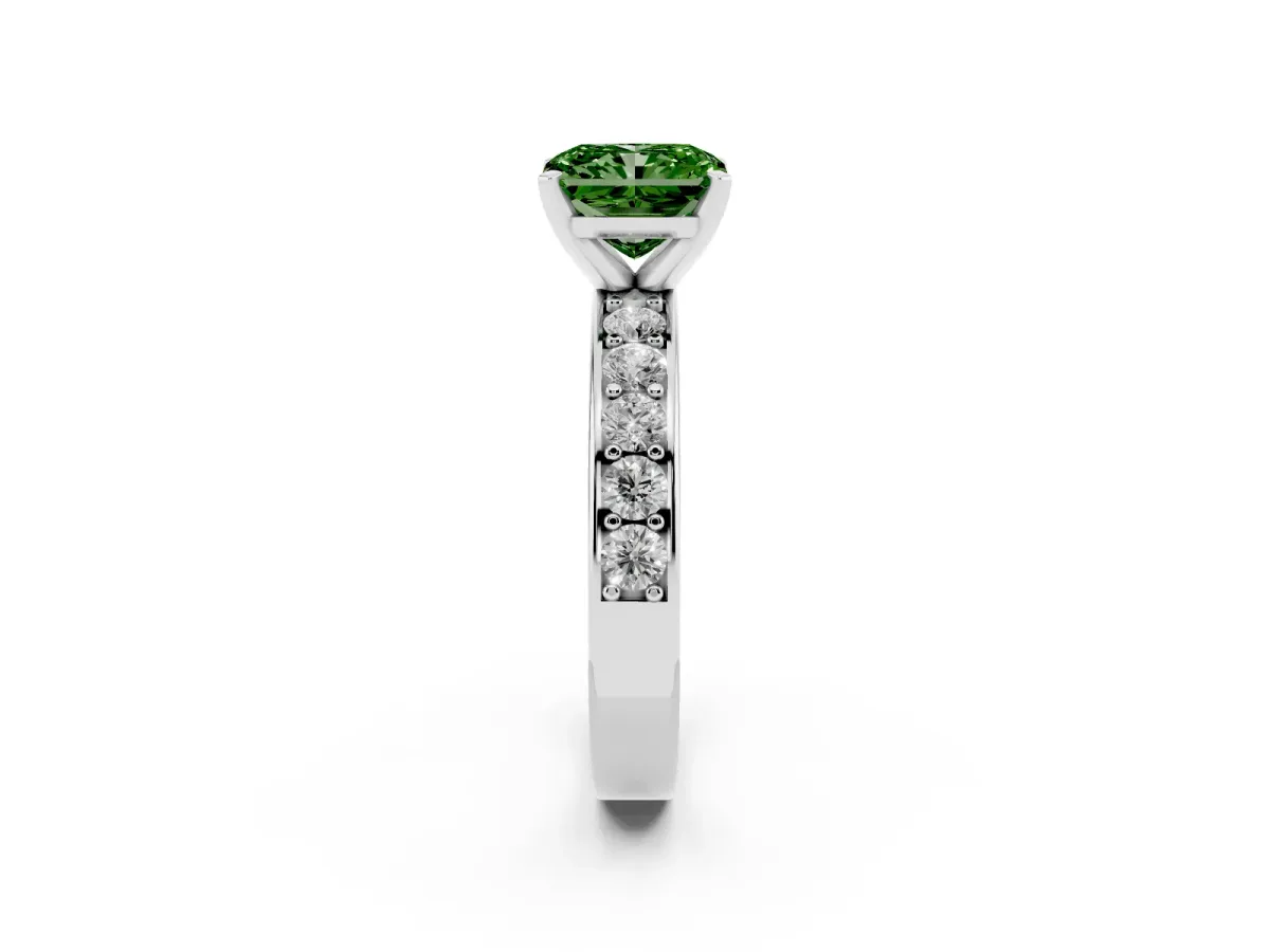 Fancy Green Radiant Cut Diamond Engagement Ring with Channel Set Round Band and Prong Setting Silver