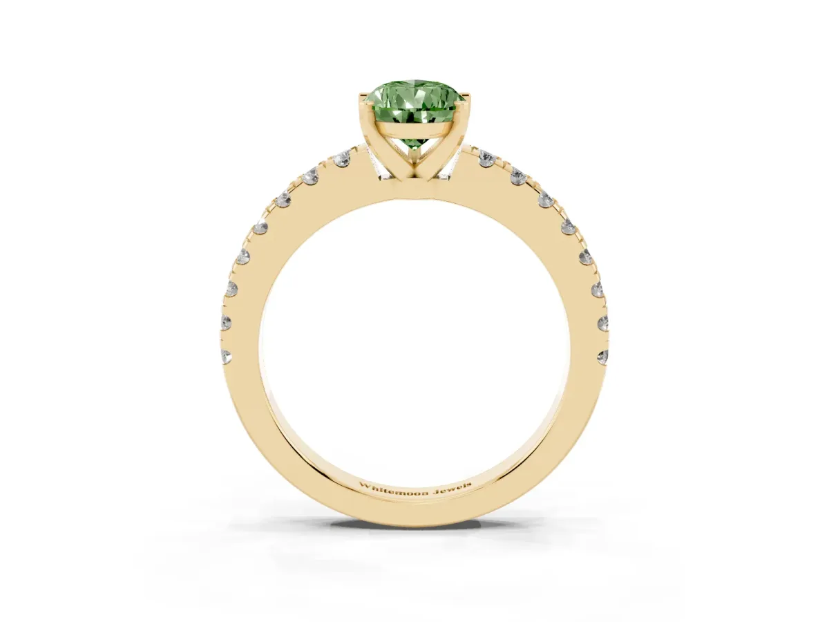 Fancy Green Pear Cut Solitaire Diamond with Pavé Band and Four-Prong Setting Yellow gold