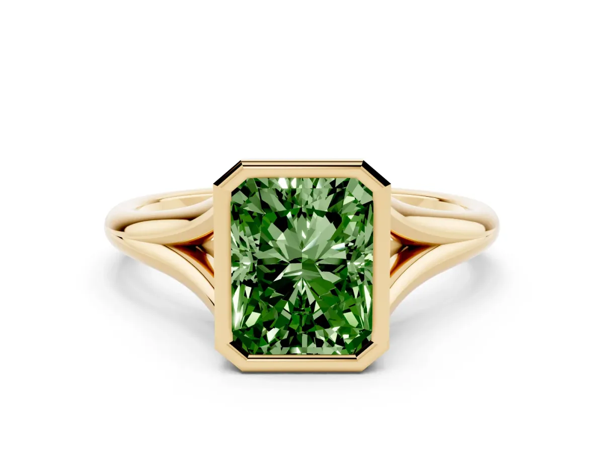 Fancy Green Bezel Set Radiant Cut Cut Solitaire Ring with Tapered Band Yellow gold
