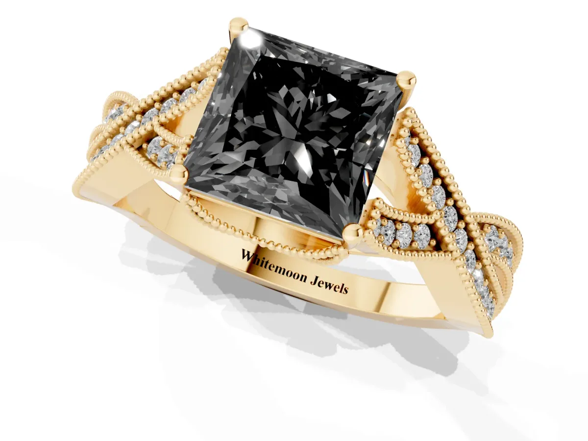 Fancy Black Princess Cut Cut Diamond Twisted Band with Milgrain Pave Setting and Four-Prong Setting Yellow gold