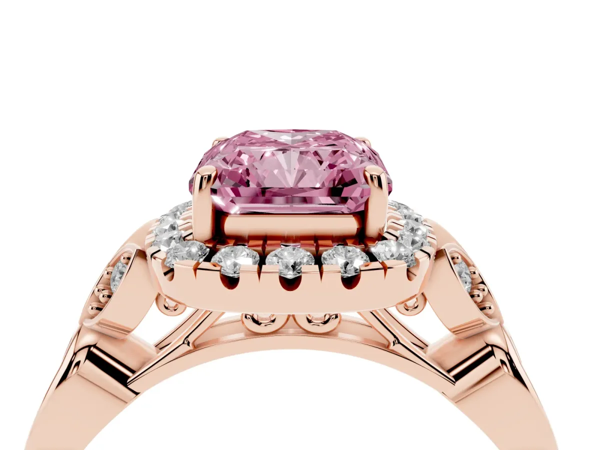 Fancy Pink Radiant Cut Halo Diamond Engagement Ring with Vintage-Inspired Band and Four-Prong Setting Rose gold