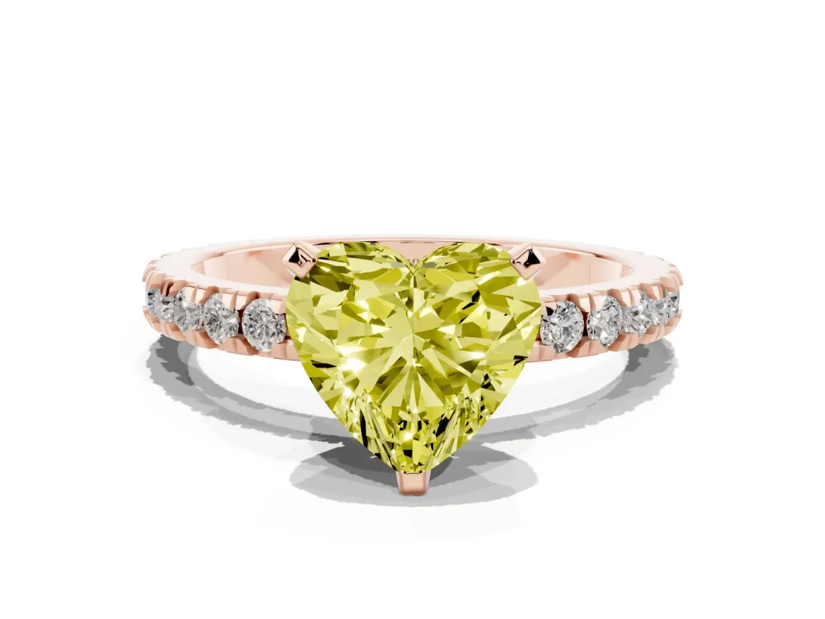 Fancy Yellow Heart Cut Diamond Pavé Band Solitaire with Four-Prong Setting Rose gold