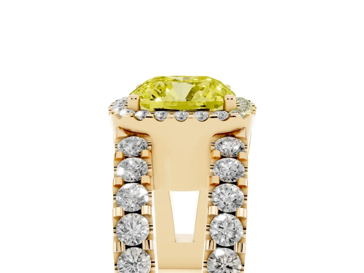 Fancy Yellow Cushion Cut Cut Halo Split Shank Diamond Ring with Four-Prong Setting Yellow gold