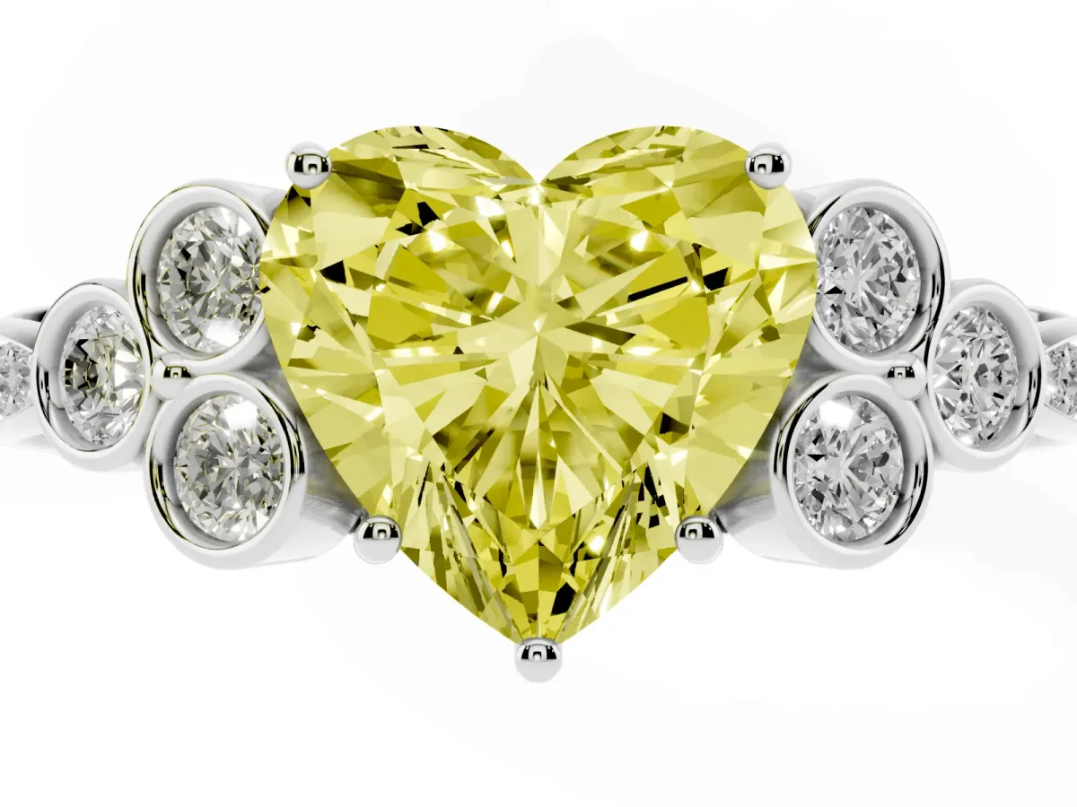 Fancy Yellow Heart Cut Cut Diamond Engagement Ring with Bezel Set Round Side Stones and Prong Setting White gold