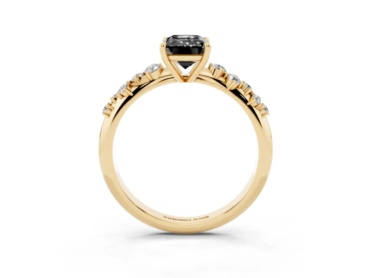 Fancy Black Emerald Cut Diamond Cluster Side Stone Solitaire Ring with Prong Setting Yellow gold