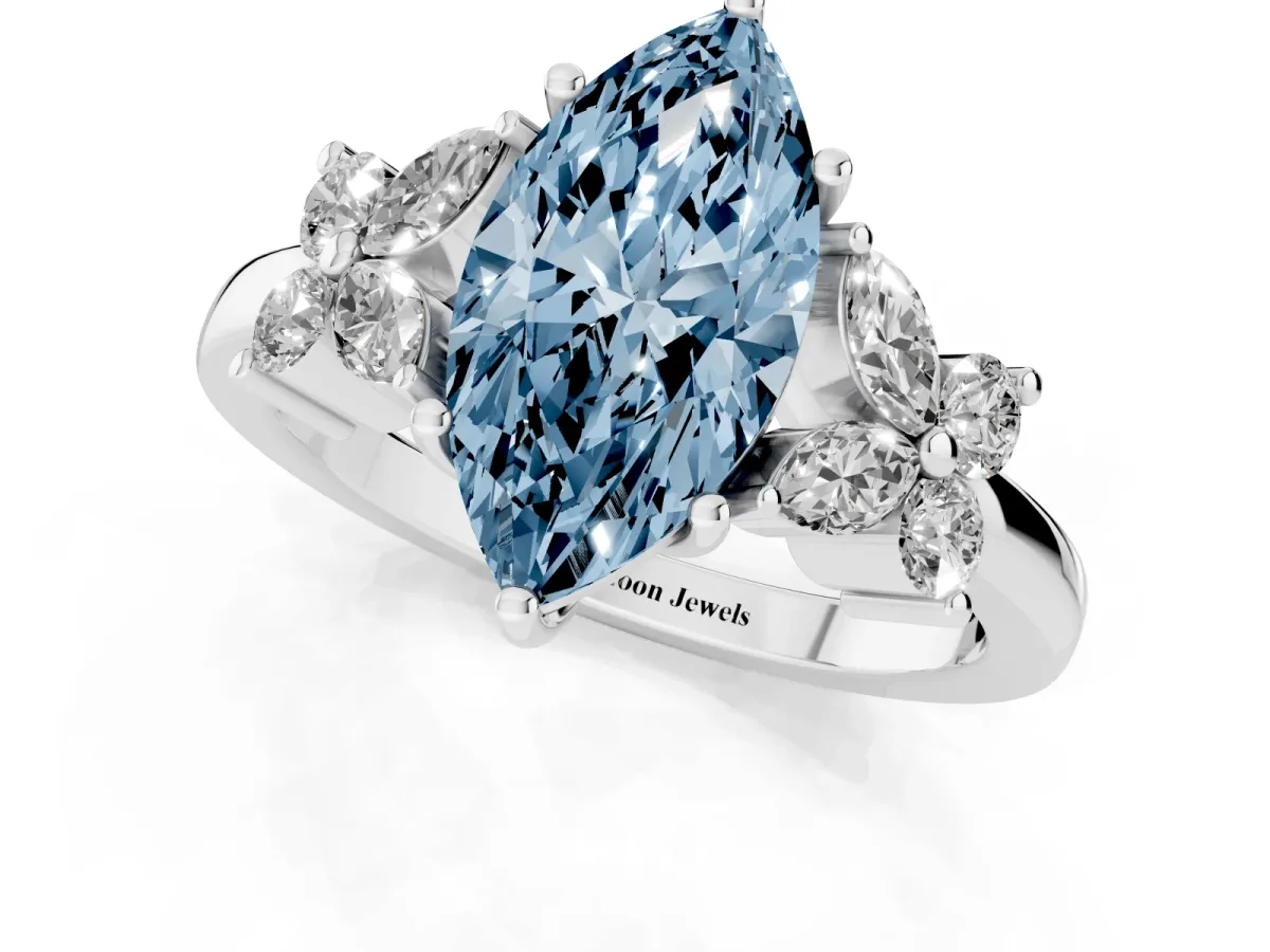 Fancy Blue Marquise Cut Diamond Floral Cluster Ring with Solitaire Band and Prong Setting Silver