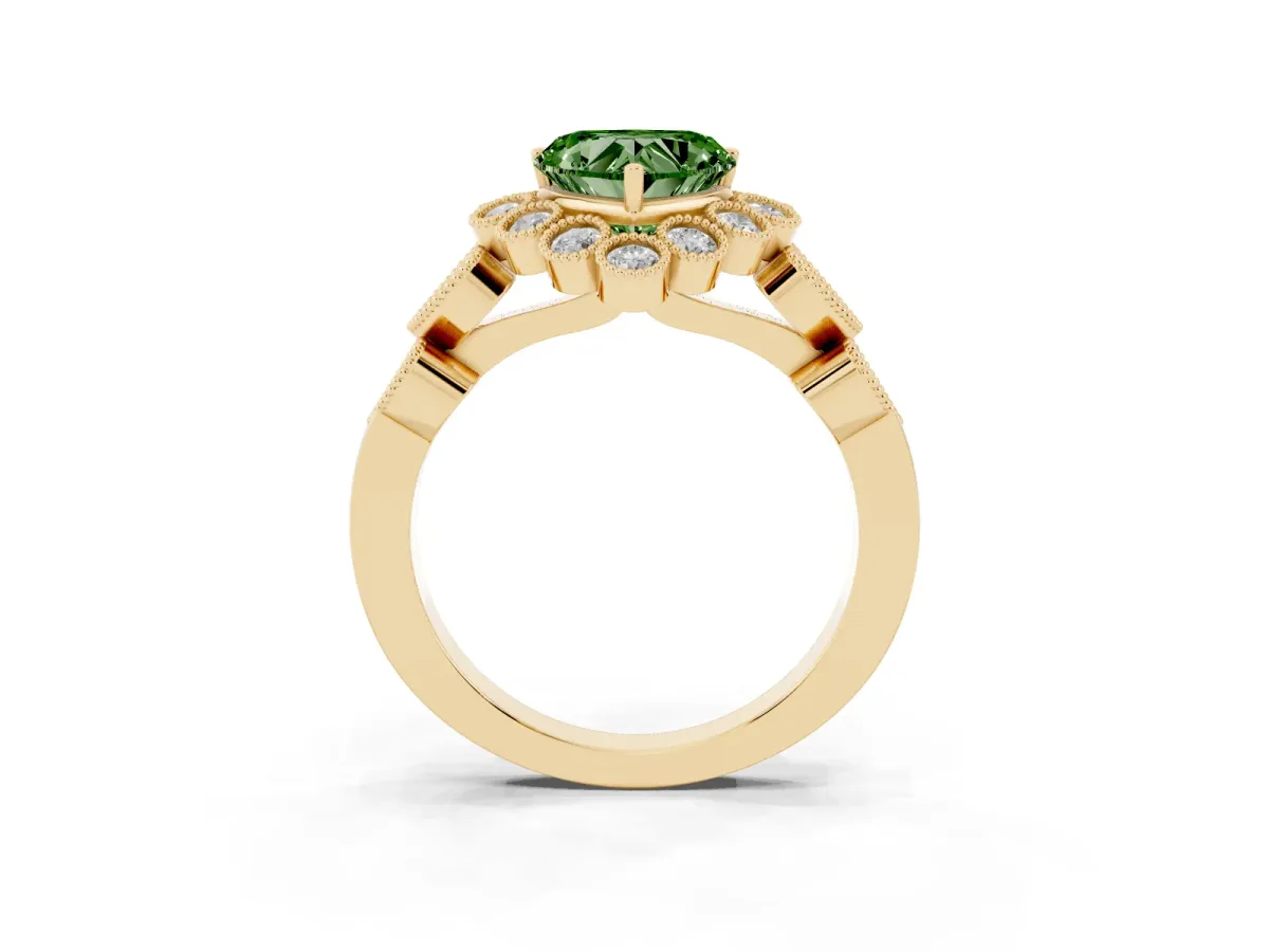 Fancy Green Heart Cut Brilliant Milgrain Pave Heart Band Solitaire Ring Yellow gold