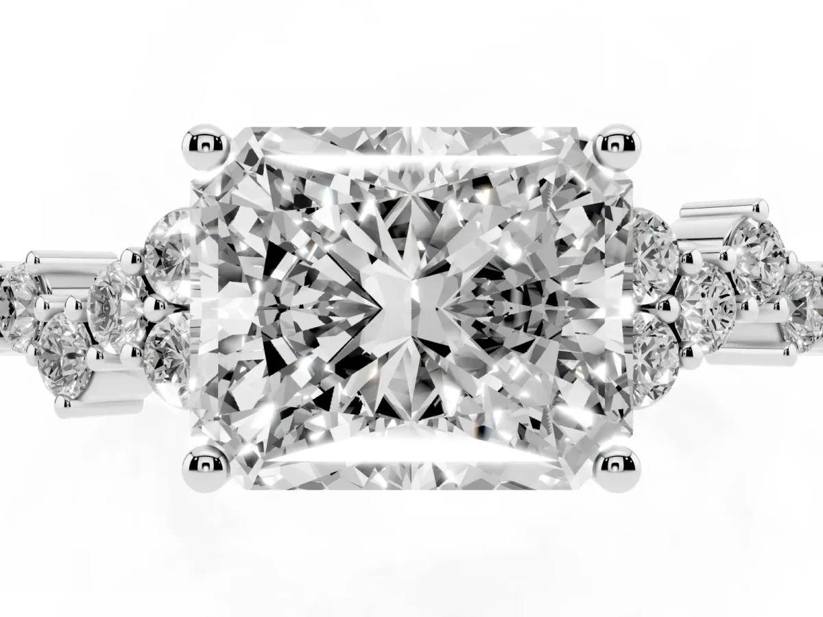 Radiant Cut Diamond Scattered Round Accent Ring with Prong Setting Silver