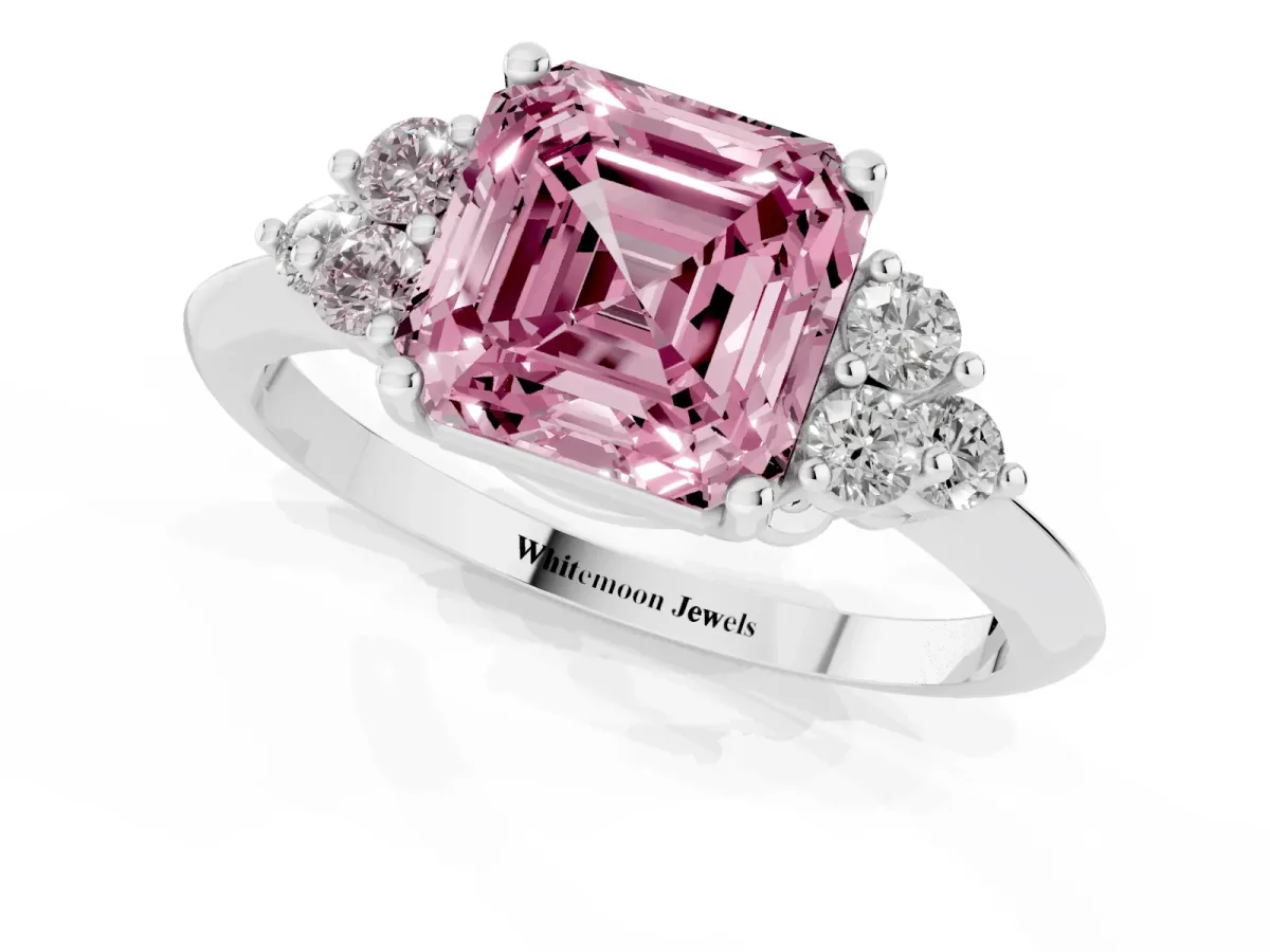 Fancy Pink Asscher Cut Cut Diamond Cluster Ring with Solitaire Band and Four-Prong Setting Silver