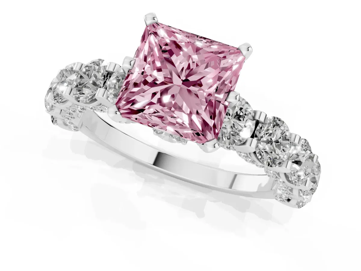 Fancy Pink Princess Cut Diamond Side Stone Engagement Ring with Four-Prong Setting Platinum
