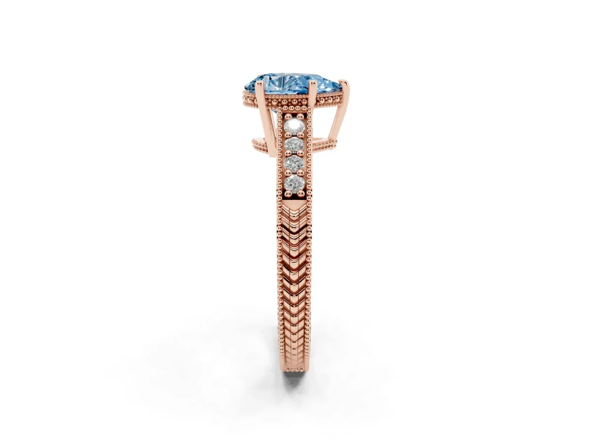 Fancy Blue Pear Cut Solitaire Pavé Diamond Milgrain Engagement Ring with Four-Prong Setting Rose gold