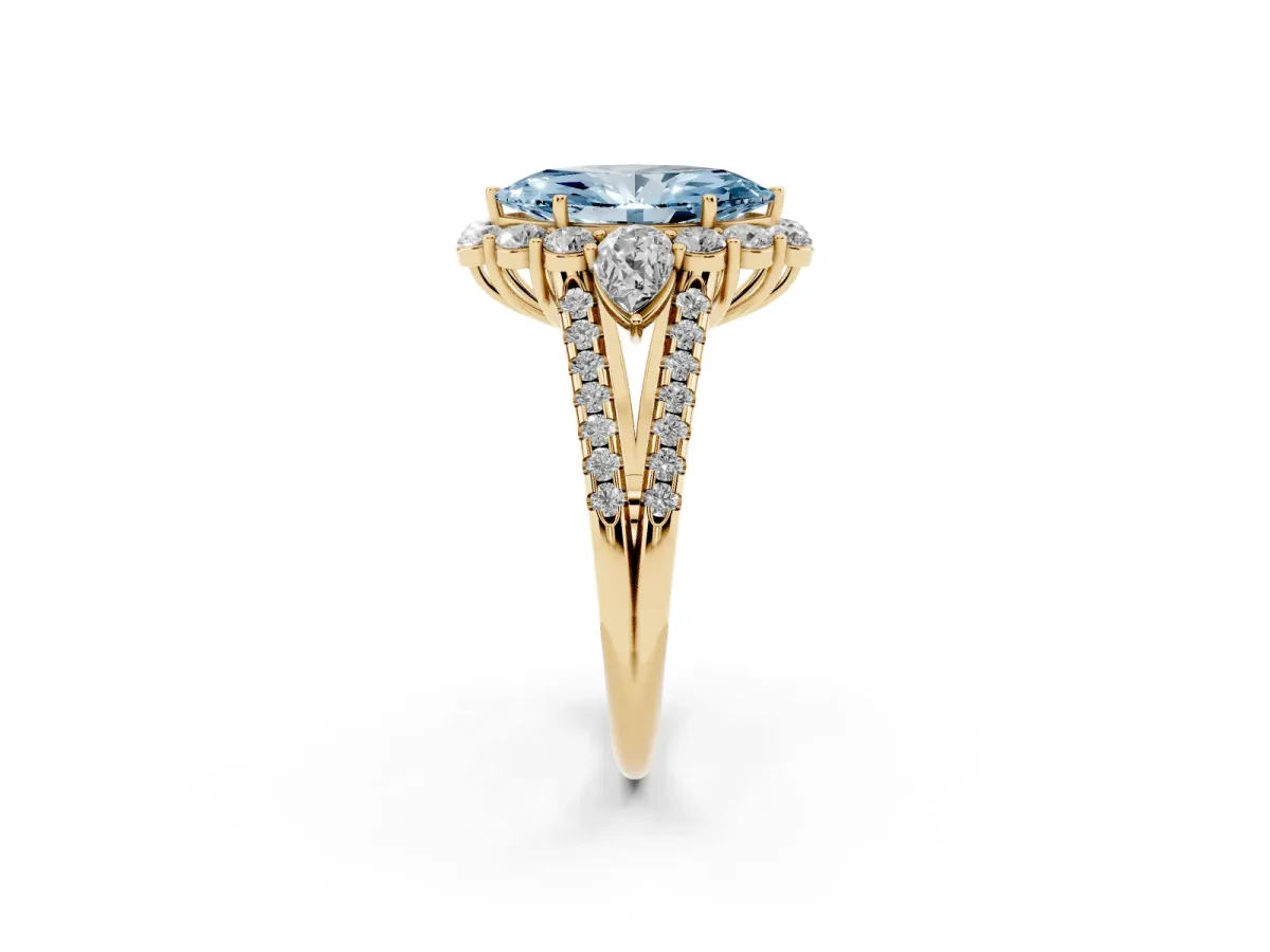 Fancy Blue Marquise Cut Halo Split Shank Diamond Engagement Ring with Prong Setting Yellow gold