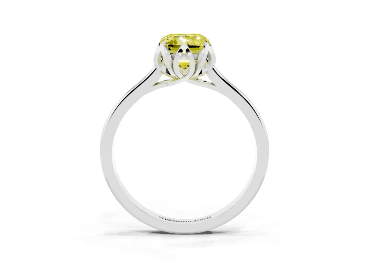Fancy Yellow Emerald Cut Diamond Solitaire Ring with Flower Prong Setting and Classic Band Silver