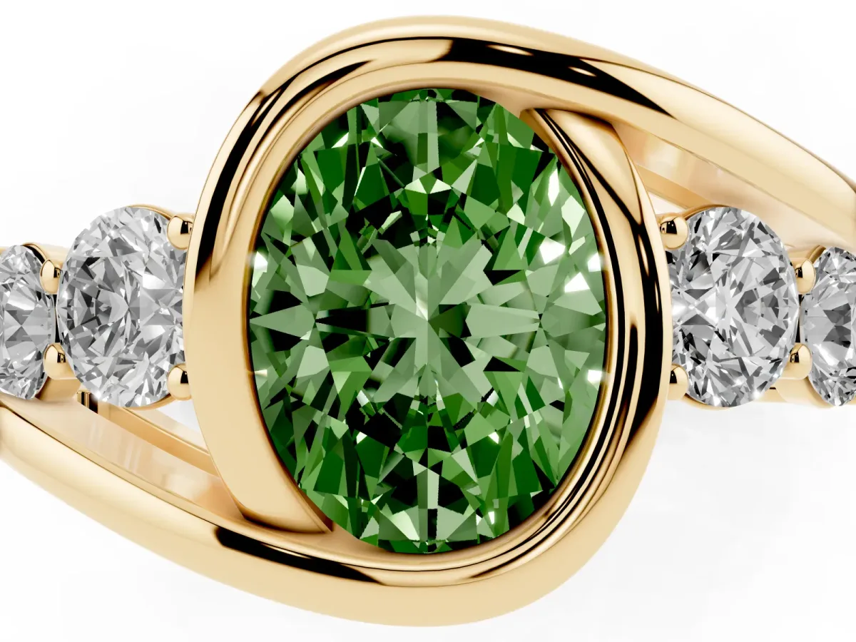 Fancy Green Bezel Set Oval Cut Diamond Bypass Ring with Round Accents Yellow gold