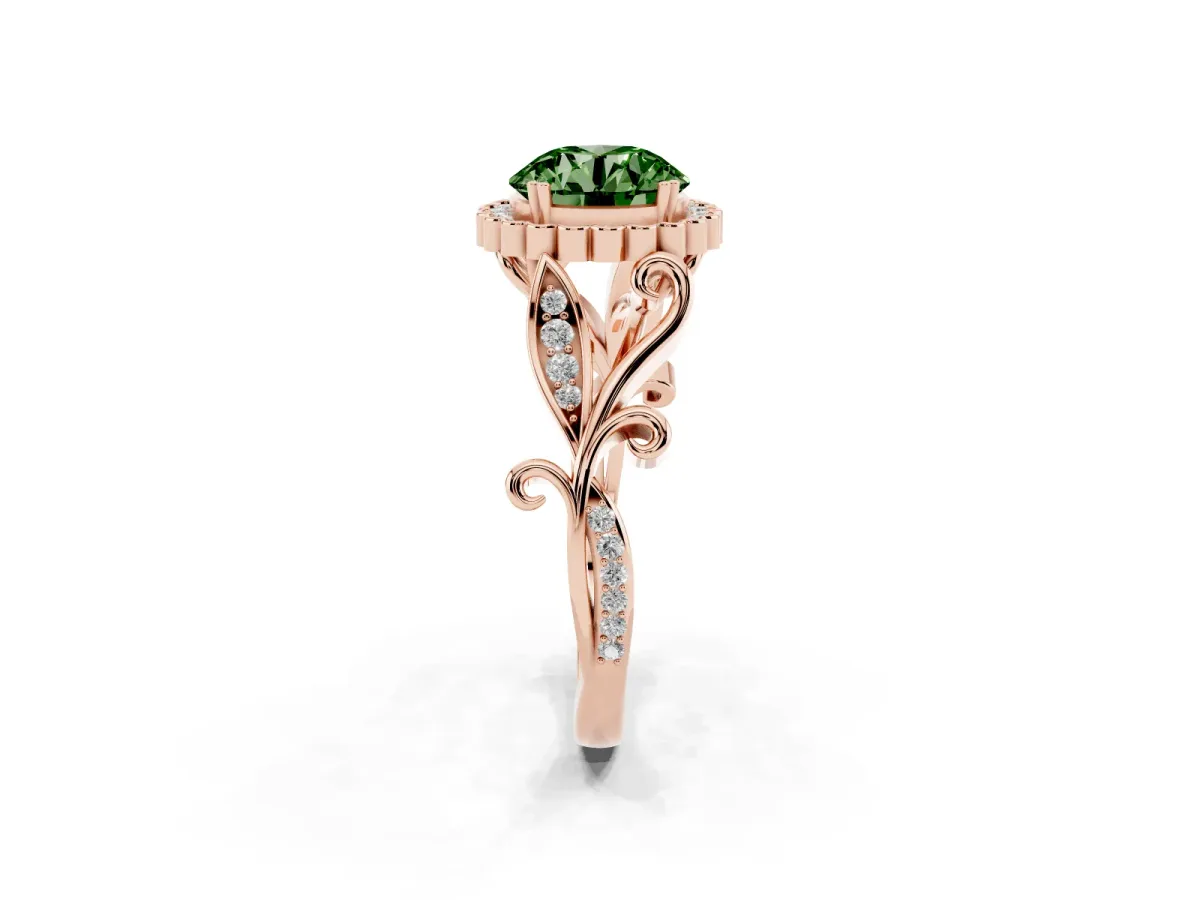 Fancy Green Round Cut Diamond Halo Ring with Vintage Split Shank and Four-Prong Setting Rose gold