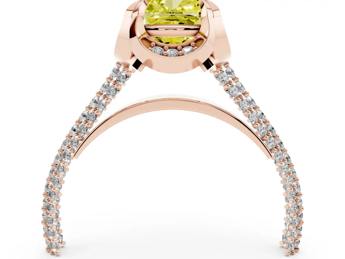 Fancy Yellow Cushion Cut Solitaire Pave Split Shank Ring with Four-Prong Setting Rose gold