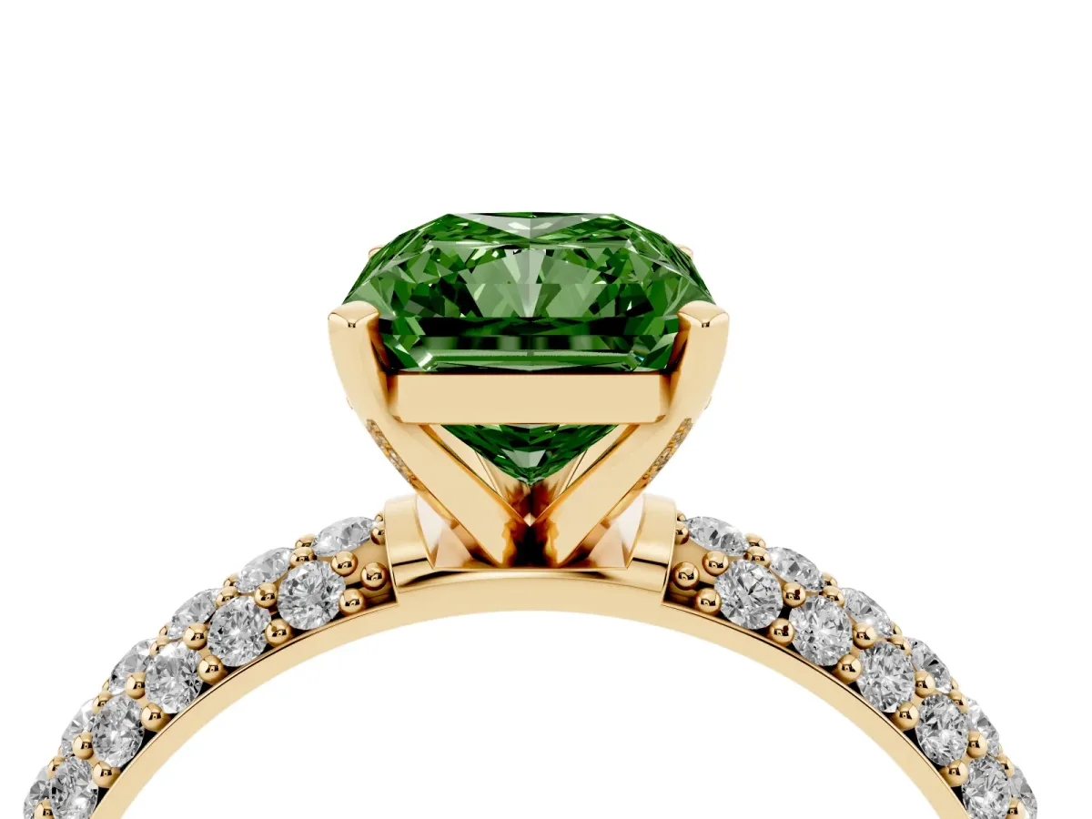 Fancy Green Radiant Cut Diamond Solitaire Ring with Prong Setting and Pavé Band Yellow gold