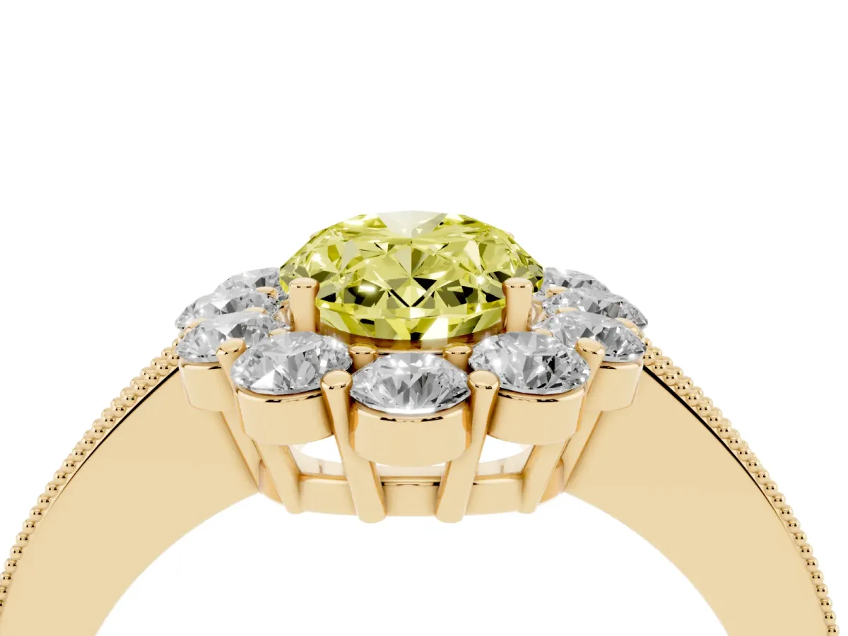 Fancy Yellow Oval Cut Cut Halo Diamond Pavé Engagement Ring with Milgrain Detailing Yellow gold
