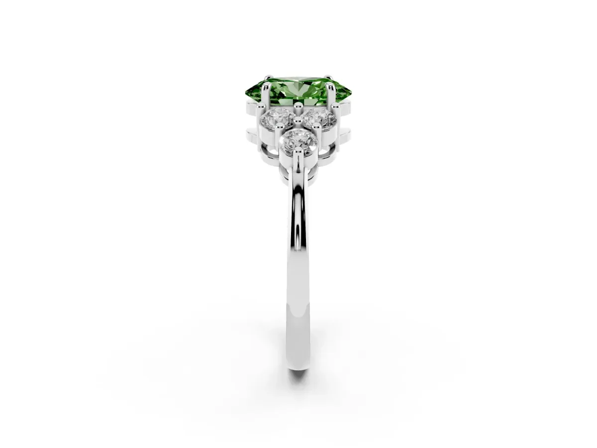 Fancy Green Oval Cut Brilliant Diamond Cluster Accent Solitaire Ring with Prong Setting Platinum
