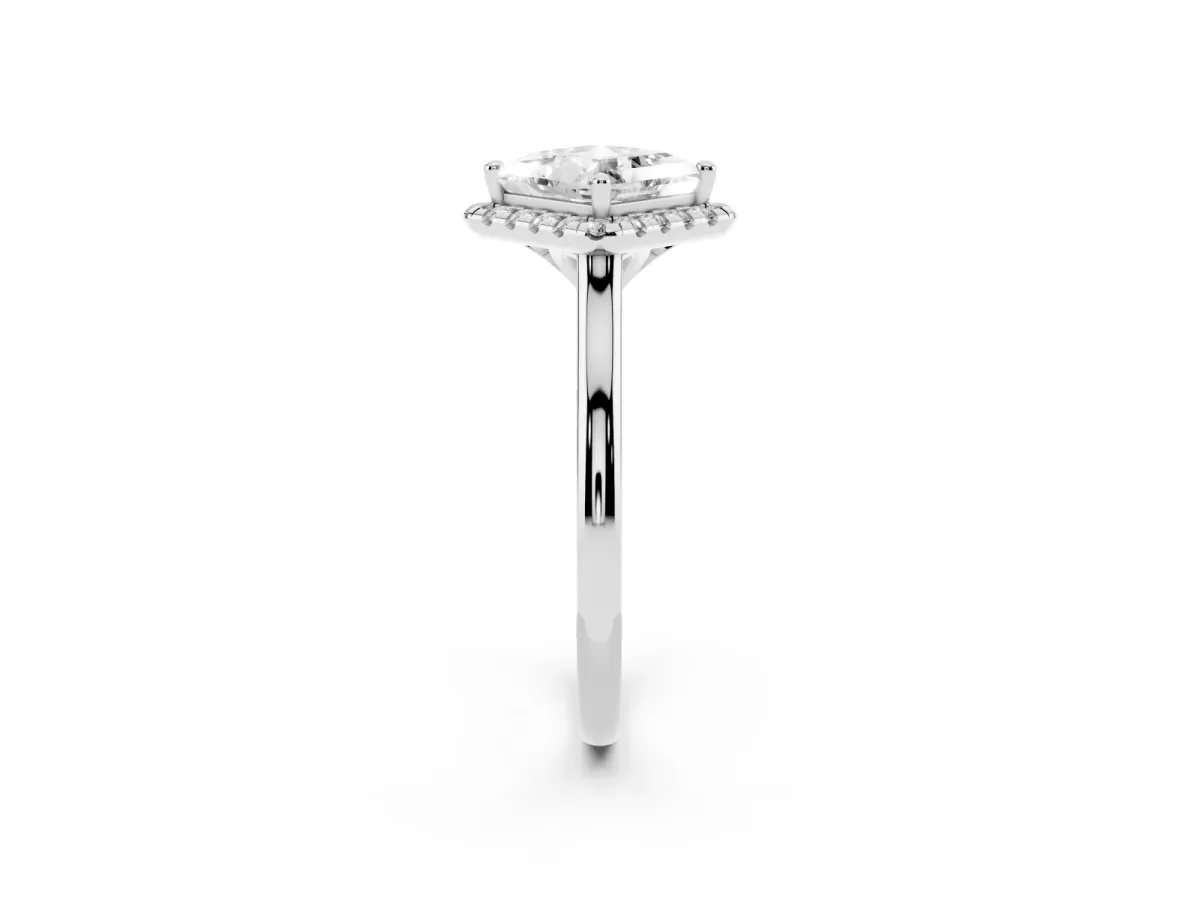 Princess Cut Halo Round Diamond Solitaire Engagement Ring with Pave Band and Four-Prong Setting White gold