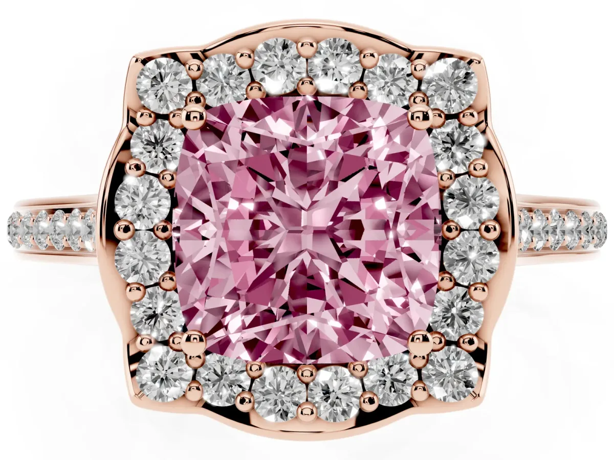 Fancy Pink Cushion Cut Halo Round Diamond Pave Band with Four-Prong Setting Rose gold