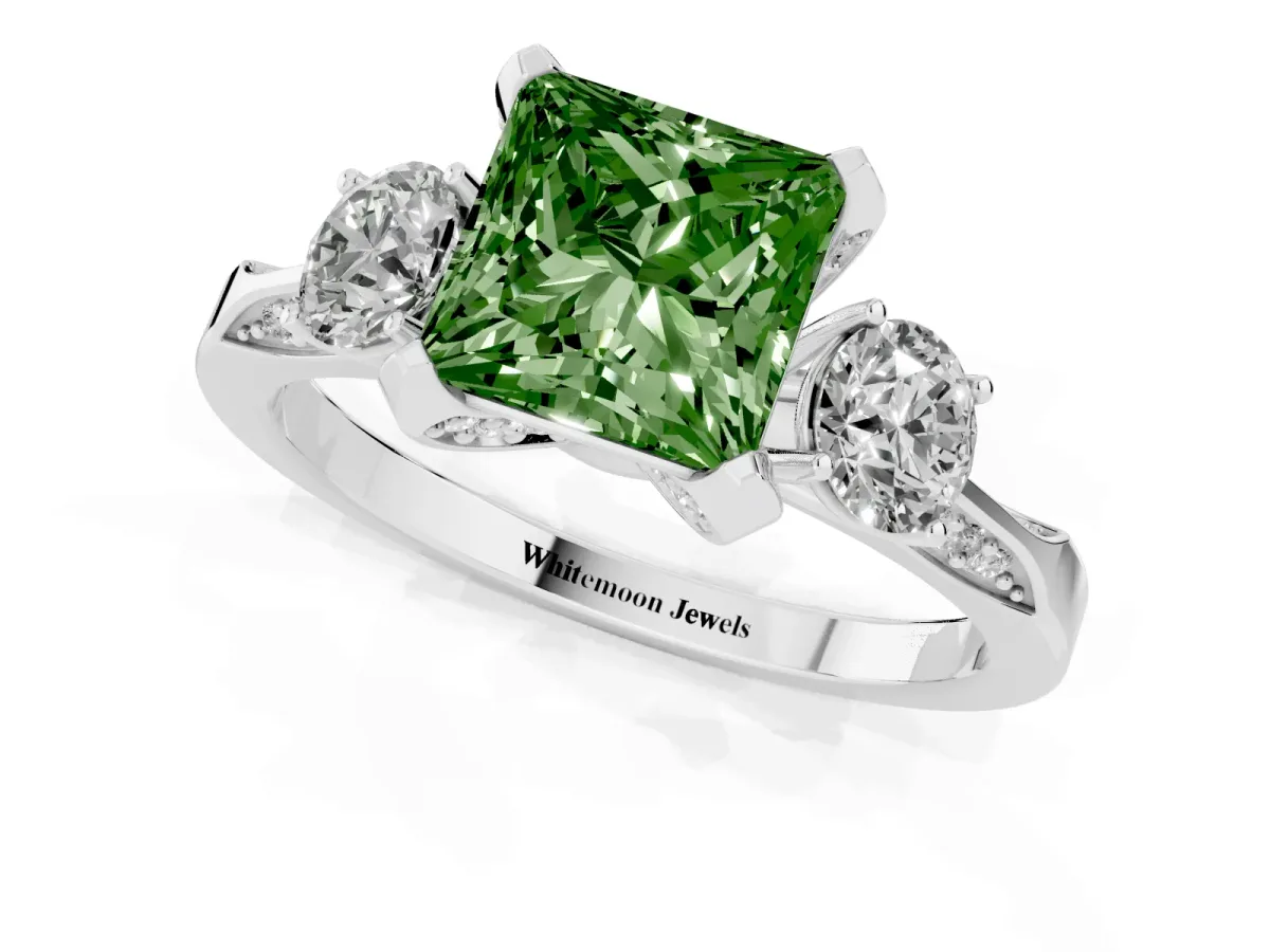 Fancy Green Princess Cut Brilliant Three-Stone Diamond Ring with Pavé Band and Four-Prong Setting Silver