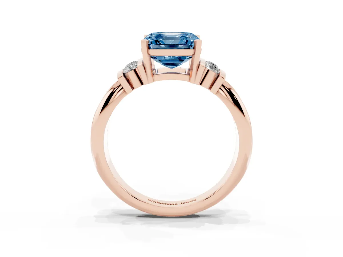 Fancy Blue Asscher Cut Cut Three-Stone Channel Set Ring with Bar Prongs Rose gold