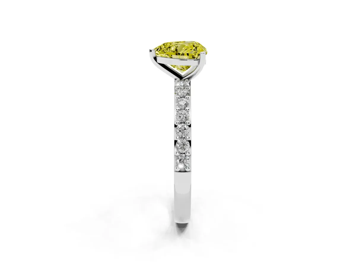 Fancy Yellow Heart Cut Cut Diamond Solitaire with Pave Band and Four-Prong Setting Silver